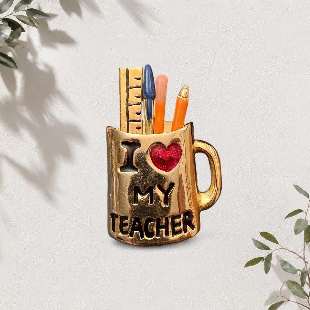 I Love My Teacher Mug Pin Gold Tone Red Heart Pencils Ruler Brooch Gift